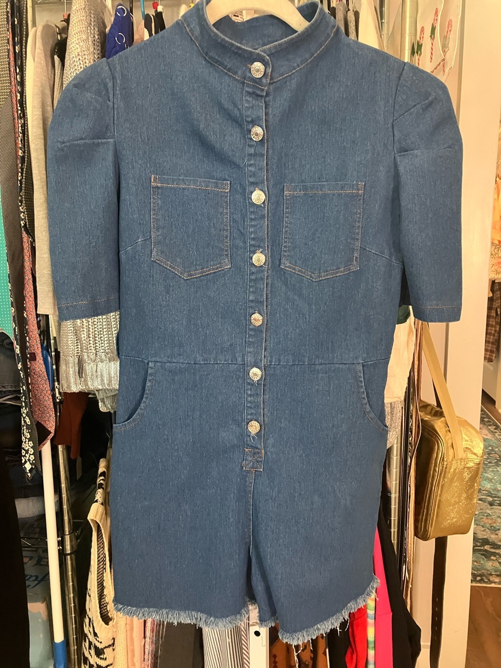 Mandarin Collar Denim Short Jumpsuit in Blue